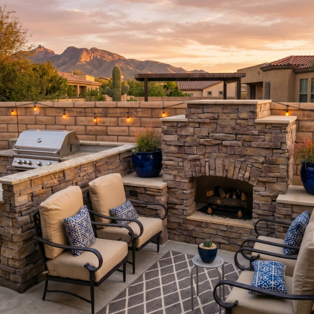 Outdoor stone fireplace with grill and lounge seating overlooking Catalina mountains