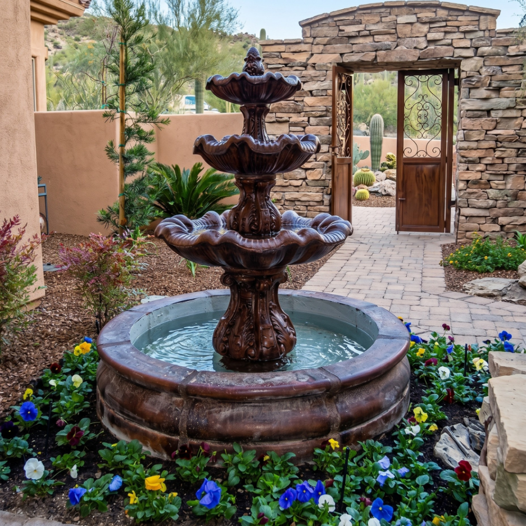 Three-tier ornate fountain surrounded by pansies and stone wall
