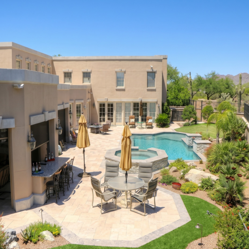 Aerial view of paver patio with dining set, pool, and lush lawn