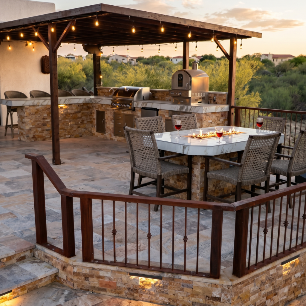 Outdoor kitchen with pizza oven, grill, and fire-pit dining table at sunset